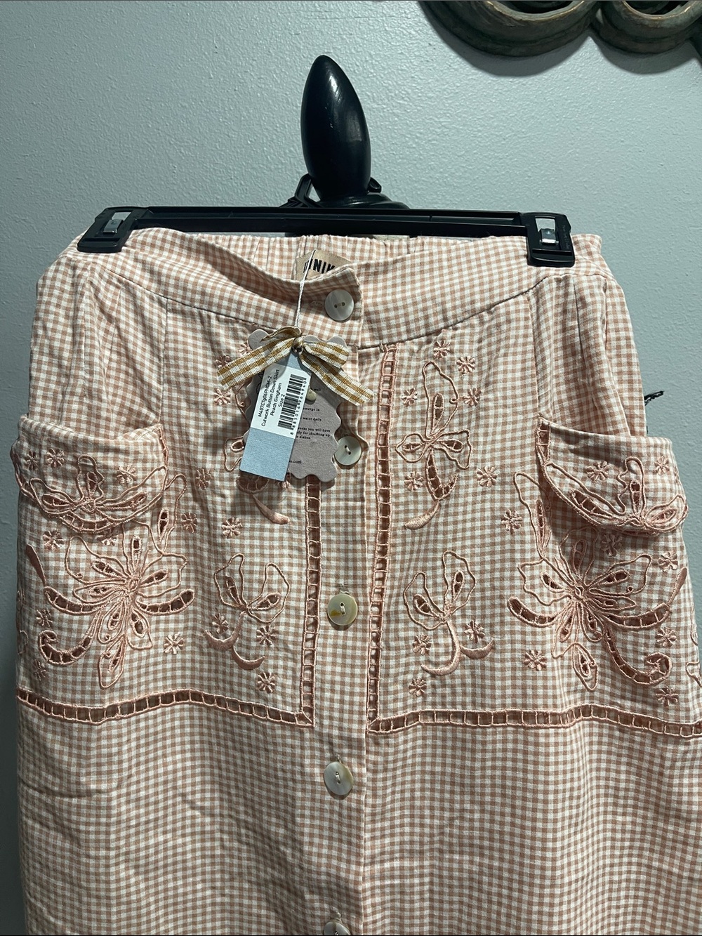 INNIKA CHOO cutwork button down skirt Peach Gingham - Picture 3 of 5